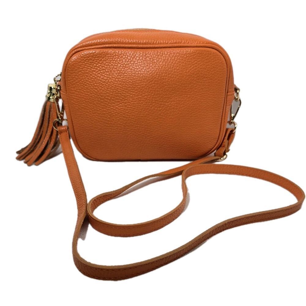 Borse in Pelle Crossbody Shoulder Bag Orange Pebble Leather 2 Straps Made Italy